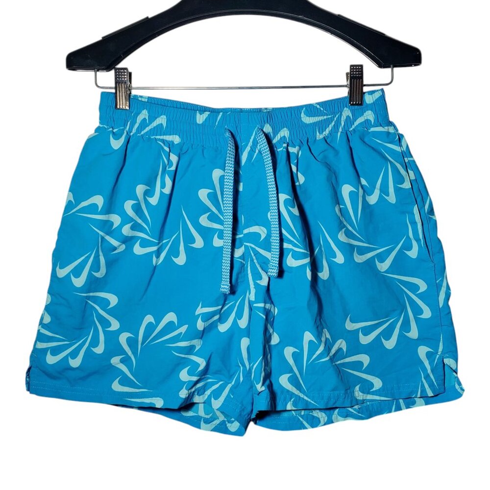 Nike Swim Volley Shorts Men's M Aqua Blue Swoosh Icon Line AOP Brief-Lined